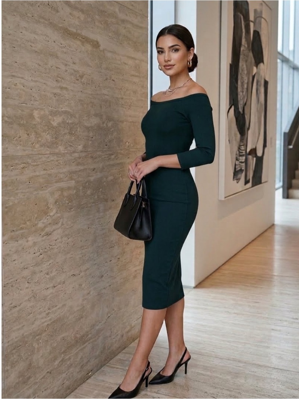 Zara Forest Green Off-Shoulder Midi Bodycon Dress